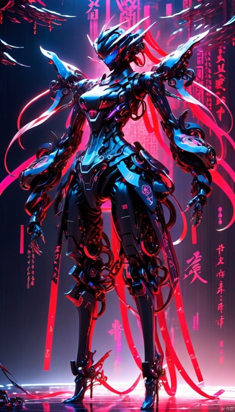  ,bailing_robot,A metal robot with delicate mechanical patterns,gradient,Partial texture of a metal robot,monochrome,solo,weapon,greyscale,Matte Metal,wire,((Dark)),epic,8k,fantasy,ultra 1girl, perky breasts, (surrounded by rotating transparent red scrolls, floating transparent red Chinese characters, dynamic, rotating), standing in the air, not looking at the camera, writing calligraphy, solo, blue eyes, holding, weapon, (holding weapon, neon, glowing, robot, mecha), cyberpunk, open_hand, v-fin, movie lighting, strong contrast, high level of detail, best quality, masterpiece, female venom, perfect body, slender figure, bailing_glitch_effect,