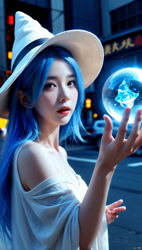  with blue skin blue hair wearing a large white witch hat standing,holding a glowing blue magic energy orb in her hands,dark background,particle effects,highly detailed,ultra-high resolutions,32K UHD,best quality,masterpiece,ukl,1girl,Exaggerated perspective,ultra wide shot,reaching out hand,foreshortening,on the tokyo street,realistic,highres,female focus,solo,snowy day,scarf,hat,flying snow,fish-eye len,fish eye angle,