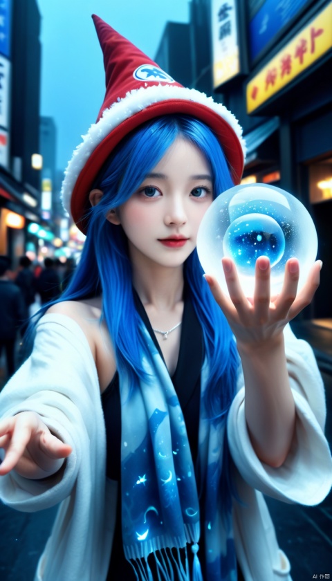  with blue skin blue hair wearing a large white witch hat standing,holding a glowing blue magic energy orb in her hands,dark background,particle effects,highly detailed,ultra-high resolutions,32K UHD,best quality,masterpiece,ukl,1girl,Exaggerated perspective,ultra wide shot,reaching out hand,foreshortening,on the tokyo street,realistic,highres,female focus,solo,snowy day,scarf,hat,flying snow,fish-eye len,fish eye angle,