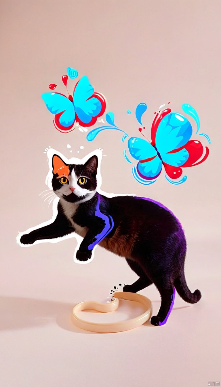Animated Spliced Reality,
cat,ink,cartoon,no humans,white background,staff,holding,simple background,animal focus,butterfly,bug,solo,full body,looking at viewer,
