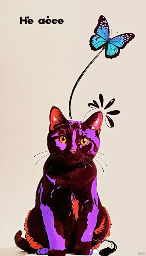 Animated Spliced Reality,
cat,ink,cartoon,no humans,white background,staff,holding,simple background,animal focus,butterfly,bug,solo,full body,looking at viewer,