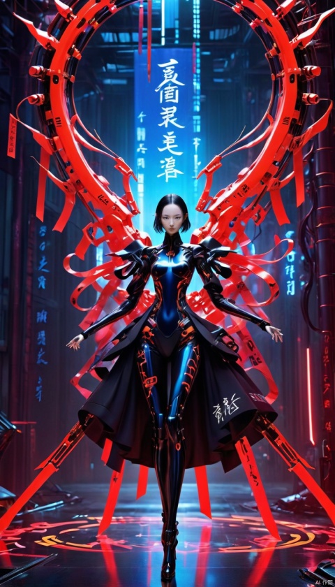  ,bailing_robot,A metal robot with delicate mechanical patterns,gradient,Partial texture of a metal robot,monochrome,solo,weapon,greyscale,Matte Metal,wire,((Dark)),epic,8k,fantasy,ultra 1girl, perky breasts, (surrounded by rotating transparent red scrolls, floating transparent red Chinese characters, dynamic, rotating), standing in the air, not looking at the camera, writing calligraphy, solo, blue eyes, holding, weapon, (holding weapon, neon, glowing, robot, mecha), cyberpunk, open_hand, v-fin, movie lighting, strong contrast, high level of detail, best quality, masterpiece, female venom, perfect body, slender figure, bailing_glitch_effect, bailing_model
