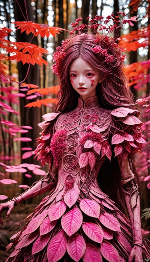  ,bailong plant girl,(1girl:1.1),a girl made out of dead pink plants,in the outdoor forest,in autumn, bailong plant girl
