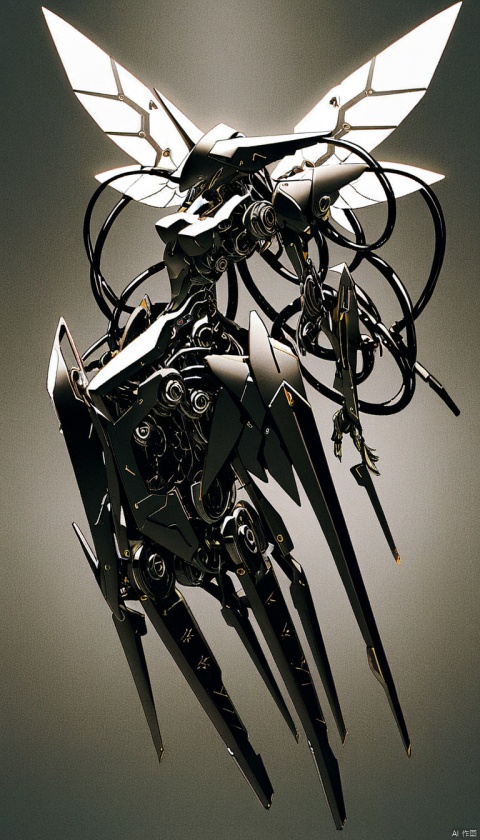  ,future technologies,bailing_robot,robot,robotics,machine_robo,A metal robot with delicate mechanical patterns,gradient,Partial texture of a metal robot,gradient background,grey background,Technological Fantasy,monochrome,solo,weapon,greyscale,no humans,simple background,1girl,Matte Metal,wings,wire,machine_rob
