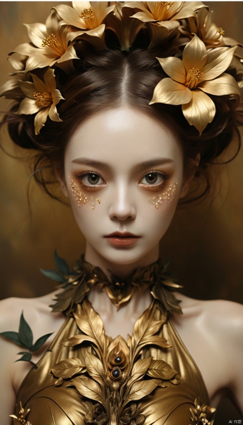 Botanical creature with gold hue,captured through the vintage lens of a Kodak Colorburst Instant camera,portrait orientation,encompassing Esao Andrews' whimsical style and Grayson Hoffman's dramatic atmospheres,featuring intricately detailed facial features,notably the extremely detailed pupils,against the backdrop of smooth,soft-textured skin,ultra fine details,dramatic lighting. OverallDetail, concept clothing 