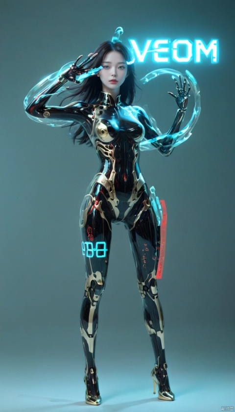  1girl,Surrounded by rotating transparent red scrolls,floating transparent red Chinese characters,dynamic,rotating,1 man standing in the air,not looking at the camera,writing calligraphy,solo,blue eyes,holding,weapon,holding weapon,glow,robot,mecha,open_hand,v-fin,movie lighting,strong contrast,high level of detail,best quality,masterpiece,female venom,perfect body,slender figure,,bailing_glitch_effect,(gold:1.2), bailing_glitch_effect
