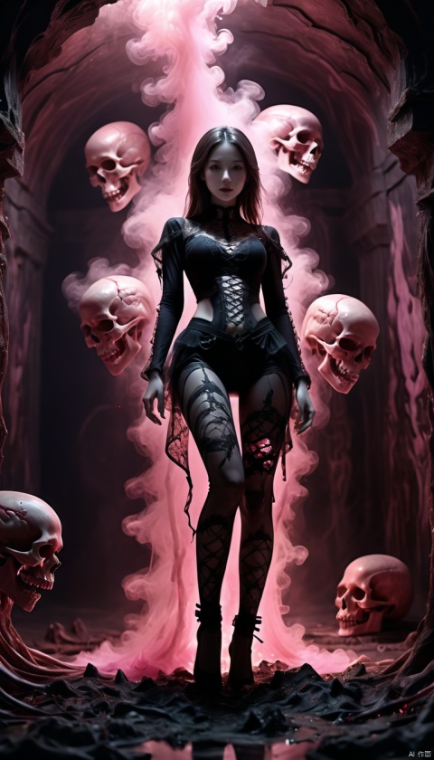 anatomically correct,((Best quality)),((Masterpiece)),((Realistic)),UHD,axial symmetry,Woman wearing leggings and medieval lace decorated armor,sit down,Cave filled with pink smoke. smile,There was a hint of malice in his eyes. In a mesmerizing and nightmarish environment,Surrounded by nets,Full of bloody atmosphere. Skeletons and skulls are scattered throughout the scene,The blood vessels and floating brains add to the terrifying atmosphere. This high-quality image captures the dark and terrifying essence of,Ideal for projects that require an eerie and haunting aesthetic.dramatic lighting,high contrast,sultry expression,Detailed texture,