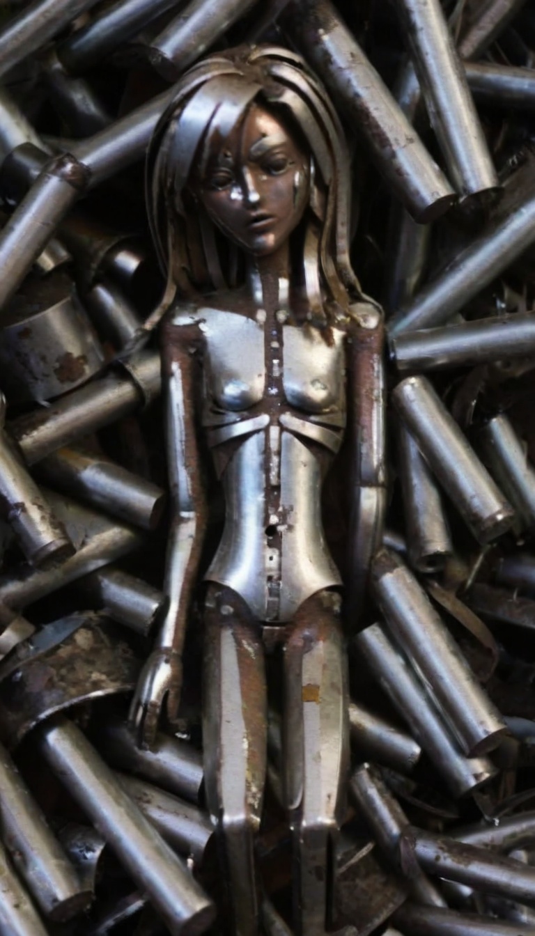  ,bailing_metal,a girl made of worn-out metal,(blonde hair:0.6),(thighs:0.6), bailing_metal
