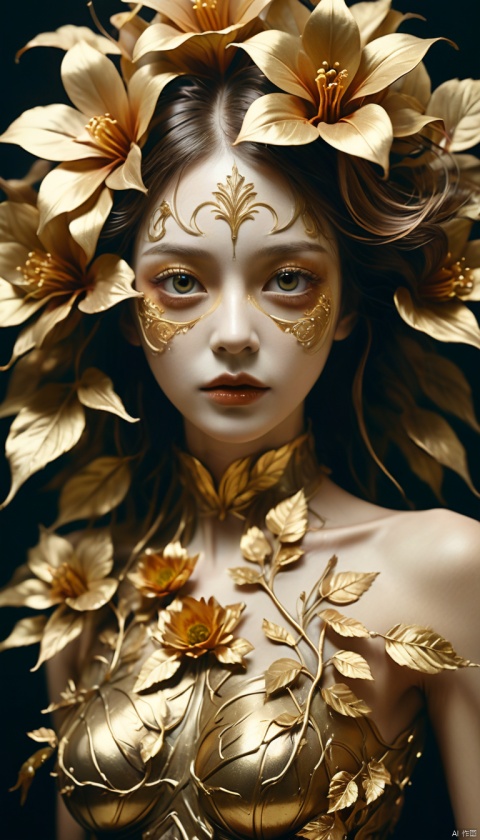 Botanical creature with gold hue,captured through the vintage lens of a Kodak Colorburst Instant camera,portrait orientation,encompassing Esao Andrews' whimsical style and Grayson Hoffman's dramatic atmospheres,featuring intricately detailed facial features,notably the extremely detailed pupils,against the backdrop of smooth,soft-textured skin,ultra fine details,dramatic lighting. OverallDetail, concept clothing 