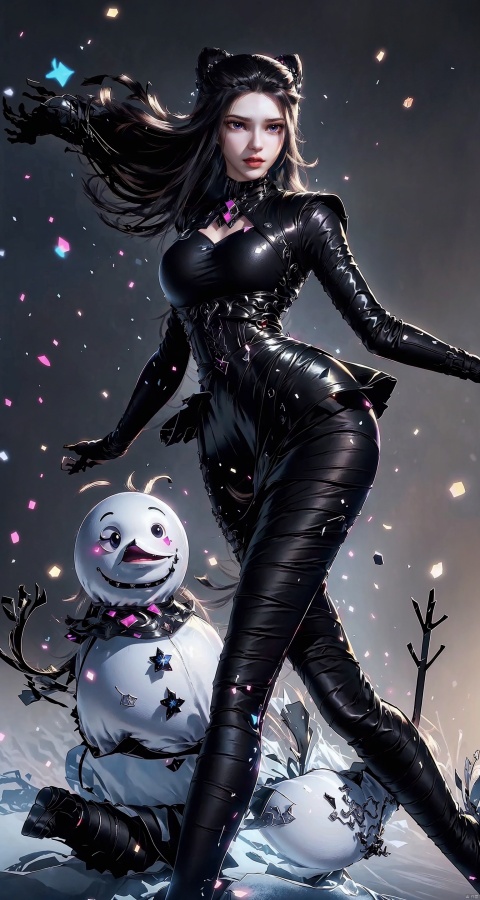 1 girl, black hair, (facial focus: 1.5), dress, snowman, lips, long hair, looking at the audience, pantyhose, (long legs: 1.2), snowman, night, night sky, dress, (standing in the snow: 1.5） (black pantyhose: 1.5), (high heels) sky, snow, floating snowflakes: 1.3, snow, solo, starry background,  (extra long skirt: 1.5), long white stockings, winter