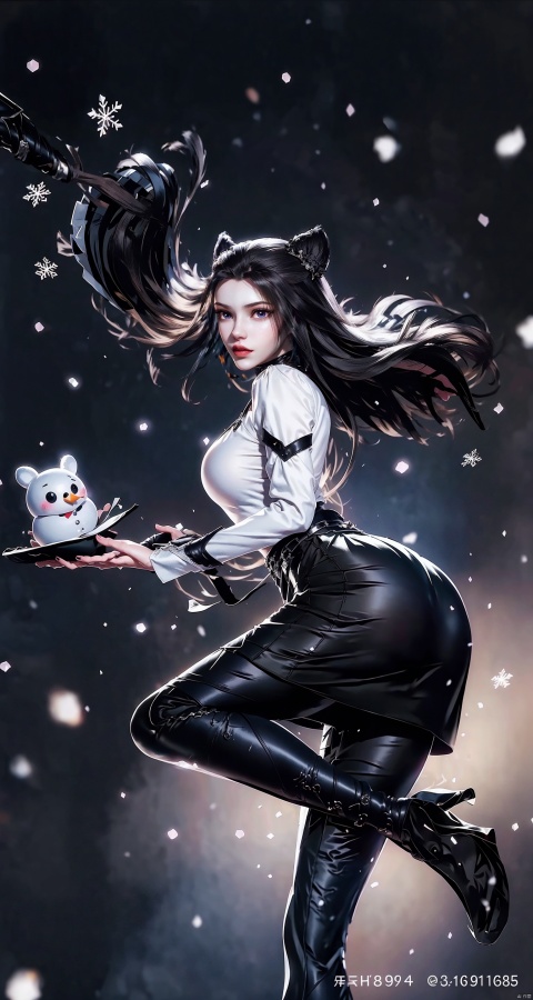 1 girl, black hair, (facial focus: 1.5), dress, snowman, lips, long hair, looking at the audience, pantyhose, (long legs: 1.2), snowman, night, night sky, dress, (standing in the snow: 1.5） (black pantyhose: 1.5), (high heels) sky, snow, floating snowflakes: 1.3, snow, solo, starry background,  (extra long skirt: 1.5), long white stockings, winter