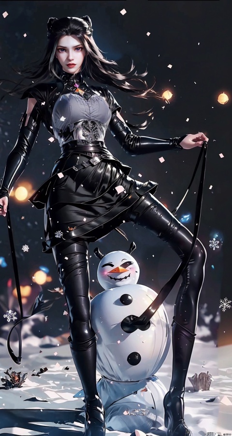  1 girl, black hair, (facial focus: 1.5), dress, snowman, lips, long hair, looking at the audience, pantyhose, (long legs: 1.2), snowman, night, night sky, dress, (standing in the snow: 1.5） (black pantyhose: 1.5), (high heels) sky, snow, floating snowflakes: 1.3, snow, solo, starry background, (extra long skirt: 1.5), long white stockings, winter