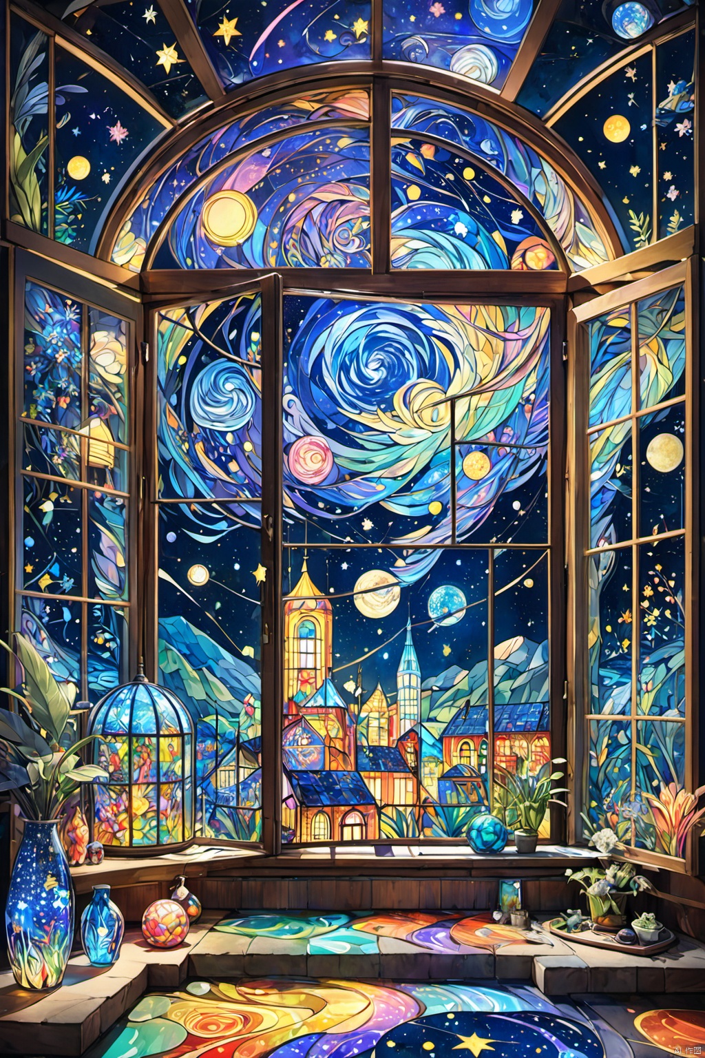  illustration of parrot, allure of starry night sky with myriad of twinkling stars, constellations, Milky Way, window art, glass painting, transparent designs, colorful patterns, light-filled displays, creative installations, temporary creations