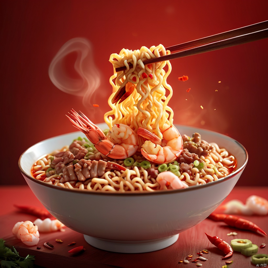  (8k, RAW photo, best quality, masterpiece:1.2),Commercial Photography, instant noodle in bowl and chopstick, topping with prawn and meat. White Lighting, 8k Rendering, High Resolution Photography, Extraordinary Detail, Fine Detail, On Solid Wooden Table, Red Background, 8k, Commercial Photography, Stock Photography, Professional Color Grading::1, 1girl
