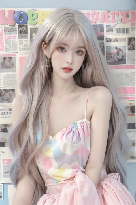  1girl,(((big breasts:1.2))),message hair,(oval face:1.2),lipgloss,the background is a white wall covered with newspapers and stickers,tiled background,(white_skin:1.4),indoor,roomi,the white wall,long hair,decorations,ribbon trim,neon,embellished costume,ornament,close_mouth,(happy_valentine:1.2),ornament,loose belt,(baby face:1.2),pose for the mirror,having a dual tone hair blend of light blue and light pink,(with long bangs covering one eye:1),eye_contact,glint,8k,masterpiece,best quality,Girl's face,makeup,fundoshi,mascara,(colored_eyelashes:1.1),,(The upper body includes the thighs:1.4),yellow_footwear,high_heels,white_footwear