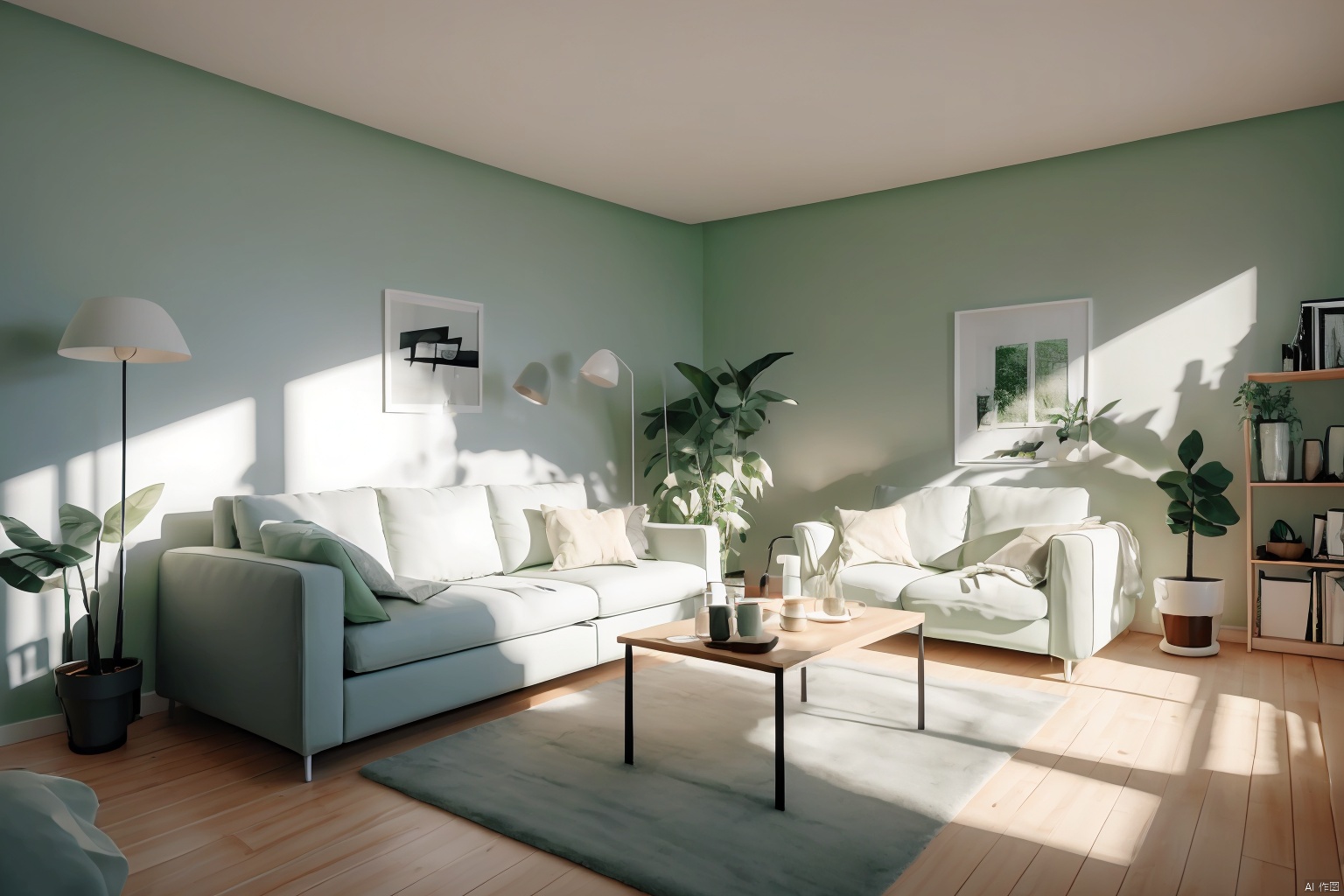  Interior design, couch, Potted plant, Coffee table, Light green wall, Ikea style, True light and shadow, UHD, high details, best quality, 4K