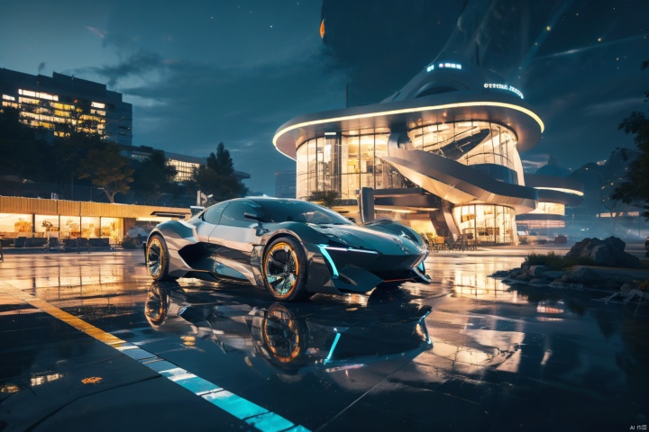  Futuristic concept car at night, metal flared skeleton walls, sustainable design, orange and dark gray gradient, organically shaped body, electric, clear edges