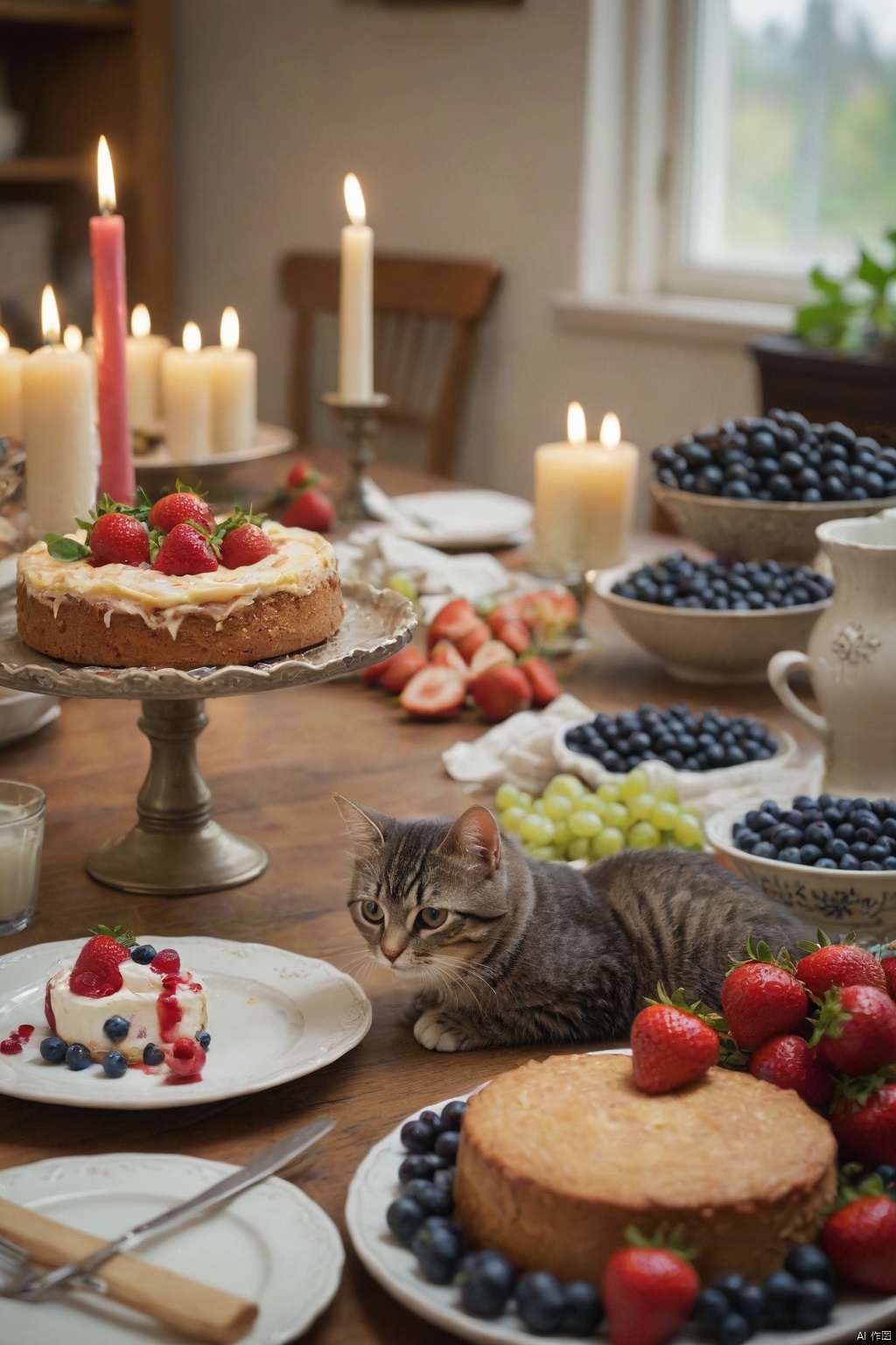  score_9, score_8_up, score_7_up, score_6_up, score_5_up, score_4_up,
food, indoors, blurry, no humans, fruit, depth of field, animal, table, cat, plate, cake, realistic, strawberry, candle, animal focus, grapes, food focus, blueberry
