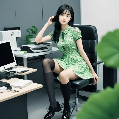  Masterpiece, best quality, stunning details, 1 girl, black hair, green floral dress, green socks, black shoes, legs crossed, office chair, (back camera),