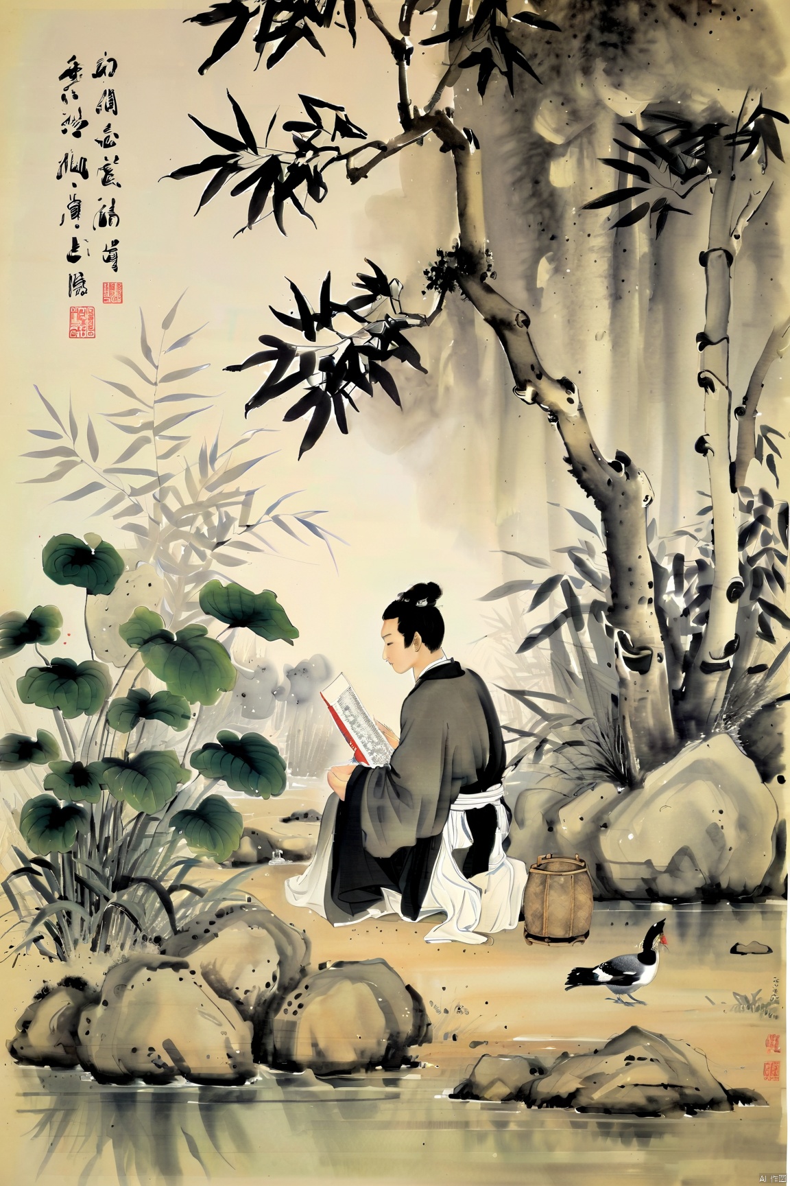  In a secluded valley, a Taoist disciple sits by a stream, engrossed in reading ancient scriptures on bamboo slips. Surrounded by lush trees, sunlight dapples the ground through the foliage, creating a harmonious blend of nature and the tranquility of Taoism., traditional chinese ink painting,black and white ink painting