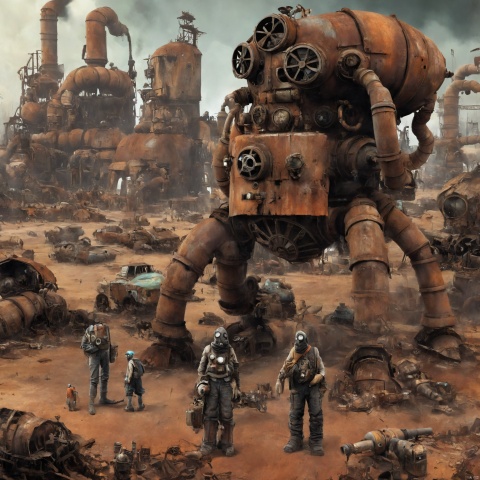  Wasteland worlds, dilapidated spaceships, repair factories, giant robots, rusty, people in gas masks.