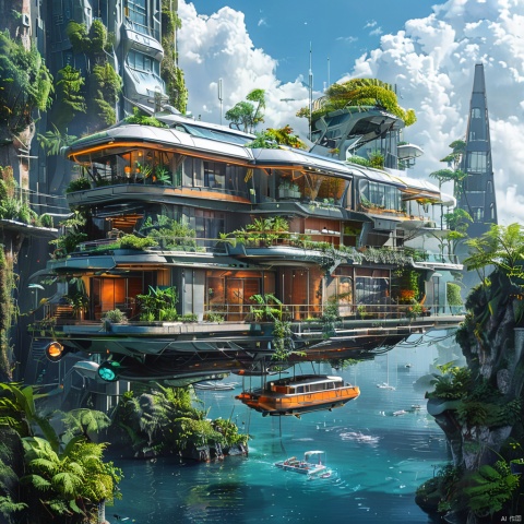 The image showcases a futuristic architectural design, where a multi-tiered building is suspended in mid-air, surrounded by lush greenery. The building appears to be made of glass and metal, with various sections and balconies. The structure is adorned with plants, trees, and other greenery, giving it a serene and natural ambiance. There are also small floating vehicles or boats near the base of the building, suggesting a mode of transportation or leisure activity. The overall design exudes a sense of harmony between nature and modern architecture.