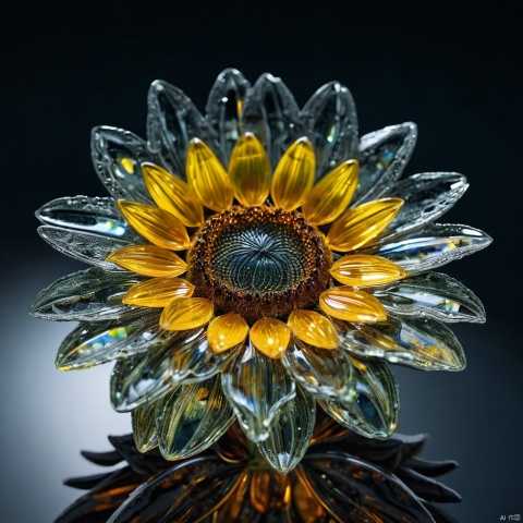  Glass sunflower, highly detailed, macro photography, crystal clear, delicate, intricate, colorful reflections, soft lighting, artstation, 4k resolution
