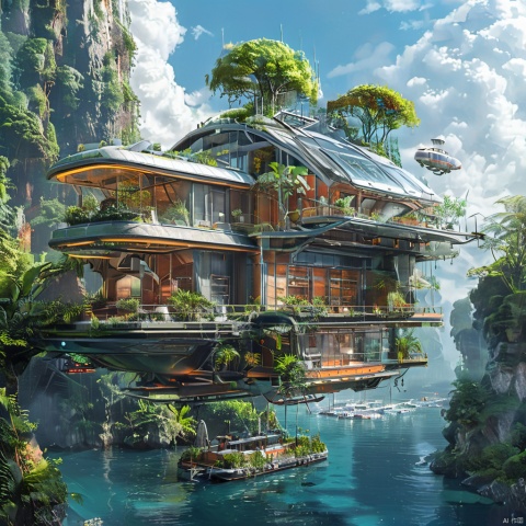  The image showcases a futuristic architectural design, where a multi-tiered building is suspended in mid-air, surrounded by lush greenery. The building appears to be made of glass and metal, with various sections and balconies. The structure is adorned with plants, trees, and other greenery, giving it a serene and natural ambiance. There are also small floating vehicles or boats near the base of the building, suggesting a mode of transportation or leisure activity. The overall design exudes a sense of harmony between nature and modern architecture., 1girl