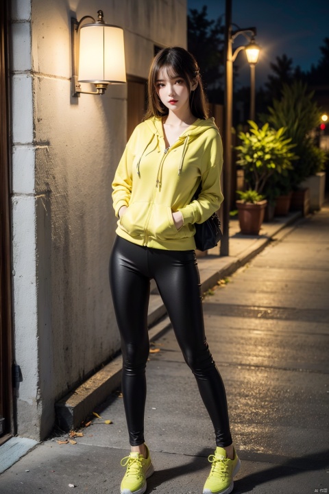  1girl, solo, (best quality, masterpiece, ultra-high resolution, 4K, HDR, UHD, 64K, official art), (photorealistic:1.3, realistic:1.3), (Golden hour),(road, street lamp, neon lights, river), (Canon RF 85mm f/1.2L 85mm),floating hair, long hair, brown hair,(full body:1.3), (busty:1.2),(standing:1.3), (large breasts:1.3), facing viewer, (long buttoned hoodie:1.2), ([canary]canary_leggings:1.2), (running shoes), (school bag:1.2),(sex pose, seductive pose), blue white uniform,high_heels,skirt,yellow_footwear,black_hair,long_hair