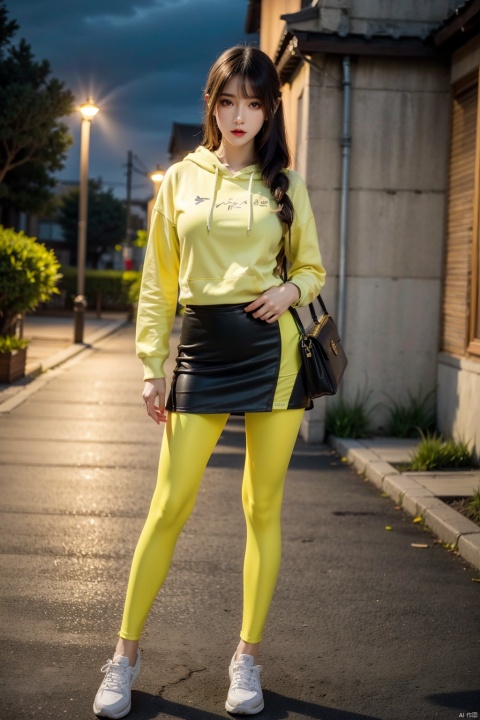  1girl, solo, (best quality, masterpiece, ultra-high resolution, 4K, HDR, UHD, 64K, official art), (photorealistic:1.3, realistic:1.3), (Golden hour),(road, street lamp, neon lights, river), (Canon RF 85mm f/1.2L 85mm),floating hair, long hair, brown hair,(full body:1.3), (busty:1.2),(standing:1.3), (large breasts:1.3), facing viewer, (long buttoned hoodie:1.2), ([canary]canary_leggings:1.2), (running shoes), (school bag:1.2),(sex pose, seductive pose), blue white uniform,high_heels,skirt,yellow_footwear,black_hair,long_hair