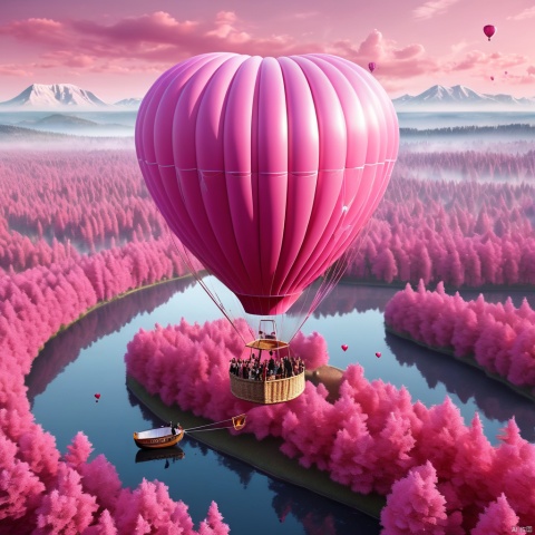 Masterpiece, best quality, stunning details, realistic (pink scene), pink forest with 520 fonts in the middle, pink sky, pink heart-shaped hot air balloon, a couple kissing on the hot air balloon, excellent composition,