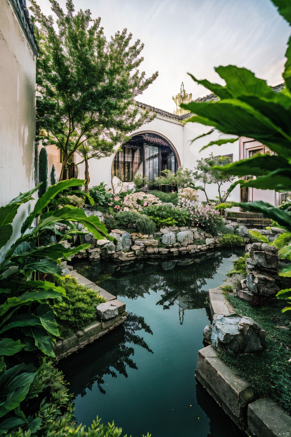  Best quality,masterpiece,ultra high res,(photorealistic:1.4),Oriental classical garden, (foreground, flowers and plants, virtual focus,) modeling pine, pond, rockery, classical architecture, reflective gloss, light through the window, warm and warm, elegant style, high-detail, realistic film photography style,