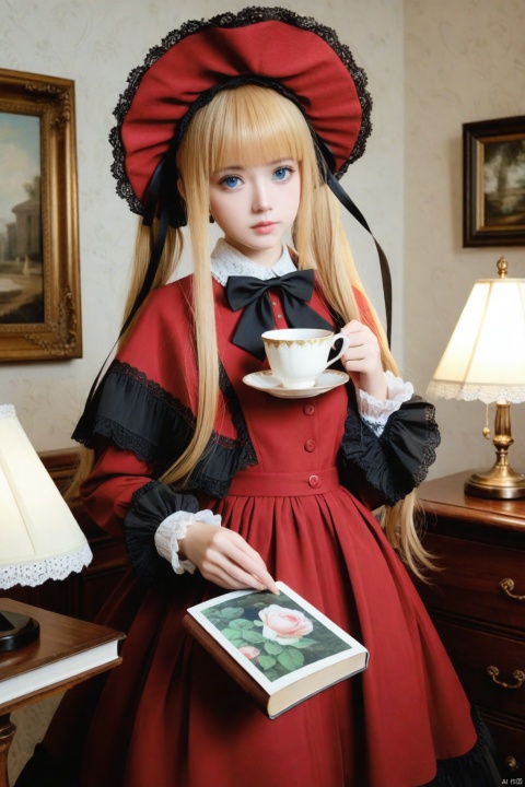  masterpiece,Realism,best quality,1girl,blonde hair,shinku,dress,book,blue eyes,solo,bonnet,bow,holding,flower,lamp,rose,looking at viewer,long hair,red dress,black bow,frills,bowtie,realistic,long sleeves,indoors,frilled dress,cup,lips,lolita fashion,red headwear,capelet,lace trim,twintails,holding book,black bowtie,teacup,open book,lace,red flower,picture frame,standing,closed mouth,hat,painting (object),red rose,lace-trimmed sleeves,blunt bangs,nose,ribbon,head tilt,desk lamp,