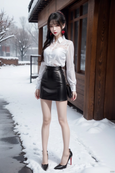  1girl, solo,black_long_hair, jewelry, standing, ponytail,earrings,(lace_shirt),(Leather_skirt),makeup,(red_high_heels),full body,looking at viewer,in the snow, 