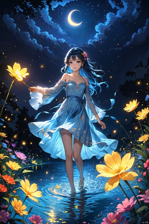  (masterpiece), (best quality), illustration, ultra detailed, hdr, Depth of field, a girl, full body, magic, solo focus, masterpiece, gradient background, summer, best quality, star, deep night, wind, flying flowers,colorful flowers, fireflies, crescent moon, 1 girl, blue long hair, Beautiful and meticulous eyes, small breast, beautiful detailed,off shoulder, beautiful dress,long sleeves ,perfect hand, strong rim light, anime screenshot, bare feet, step in water, solo focus, extremely detailed wallpaper,cinematic lighting, painting, girl, glow, Hazy light,Floodlight