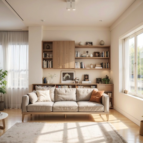  Interior, sofa, plants, scenery, no people, bookshelves, sofa, Windows, flower POTS, sunlight, New Cream style, interior design, best quality, Masterpiece 8k.hdr. Intricate detail, ultra detailed, 8k, Masterpiece, best quality, archdaily, Detail, extreme clarity, naiyou