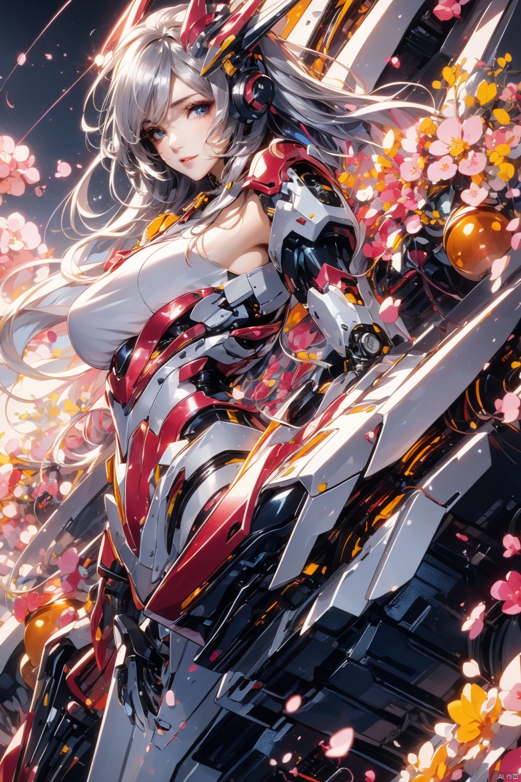  Masterpiece, best quality (illustration), cute detail face, 1 girl, solo, long_ Hair, white hair, blue eyes, dress, boots, mecha, robot joints, single robot arm, headgear, mechanical wings with vertical takeoff and landing fans, black and white dress, gray wings, mechanical wings, mechanical ears, detailed background, beautiful sunrise, orange sky, pink clouds, golden rays, hair, magic, scenery, 1girl,police,pencil_skirt,high_heels, Pink Mecha