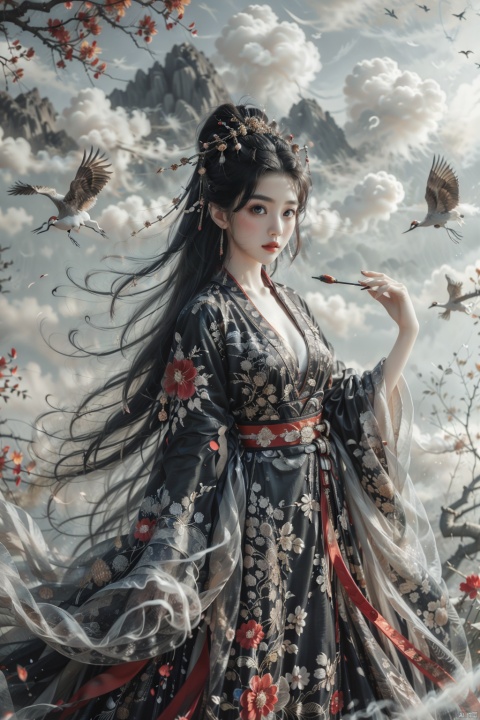  a girl,solo, xianjing crane smoke cloud branch flower, blalinkedress