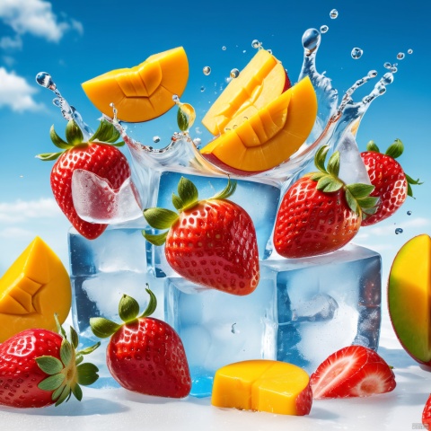 Masterpiece, best quality, stunning details, realistic, food lens saturated composition, ultimate close-up, splashing water, liquid explosion, strawberries and ice cubes, sliced strawberries, ice cubes, in bright blue sky background, surreal style fresh fruit color, focusing on mangoes and ice cubes, white background, Unreal Engine extremely long lens,