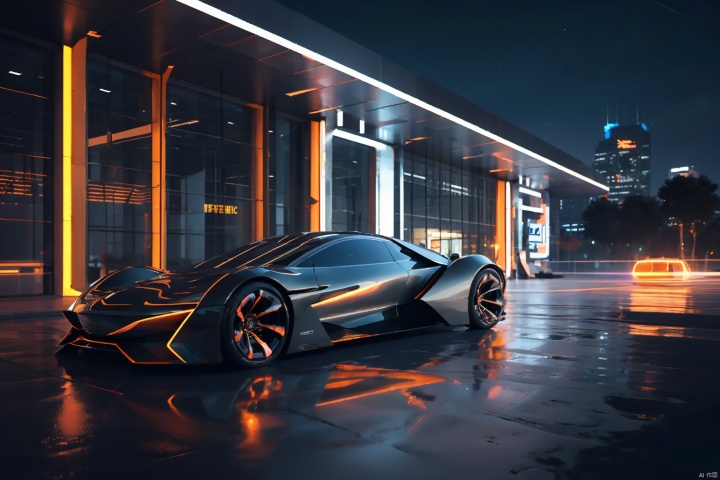  Futuristic concept car at night, metal flared skeleton walls, sustainable design, orange and dark gray gradient, organically shaped body, electric, clear edges