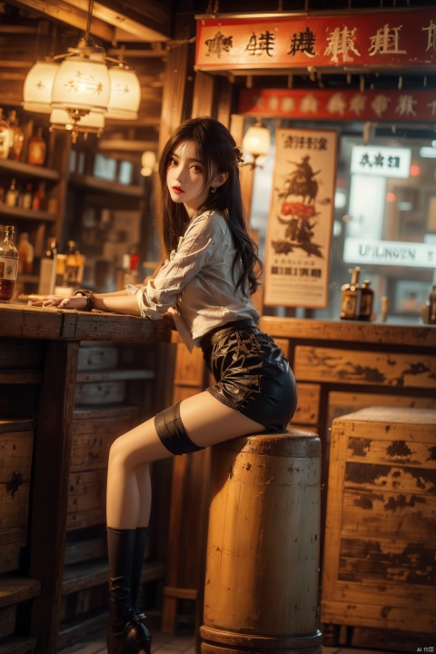  (upper thighs shot:1.3), (cowboy shot:1.3),1girl,solo,long hair,depth of field,blurry background,bar (place),neon lights,fanhuaZ,,(full body:1.1),, (high quality), best quality, (4k), 8k, super detailed, (full detail), (masterpiece), (realistic), super detailed,(Exquisite details) ,intricate, 1girl, pencil_skirt, long_legs,police,pencil_skirt,high_heels,thighhighs