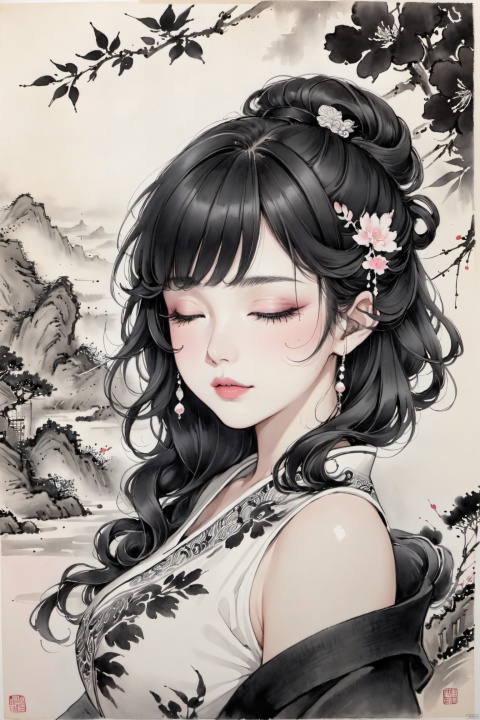  Masterpiece, best quality, realistic details, modern girl, curly hair, closed eyes, thick eyelashes, pink lips, upper body, ink wash style, traditional chinese ink painting,black and white ink painting