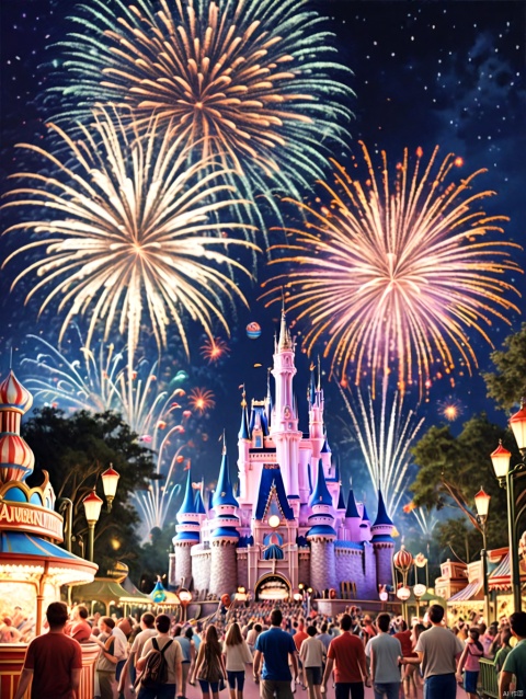 Masterpiece, best quality, stunning details, realistic, (Disney amusement park), full of vitality, fireworks, night, colorful, joyful people, excellent composition,