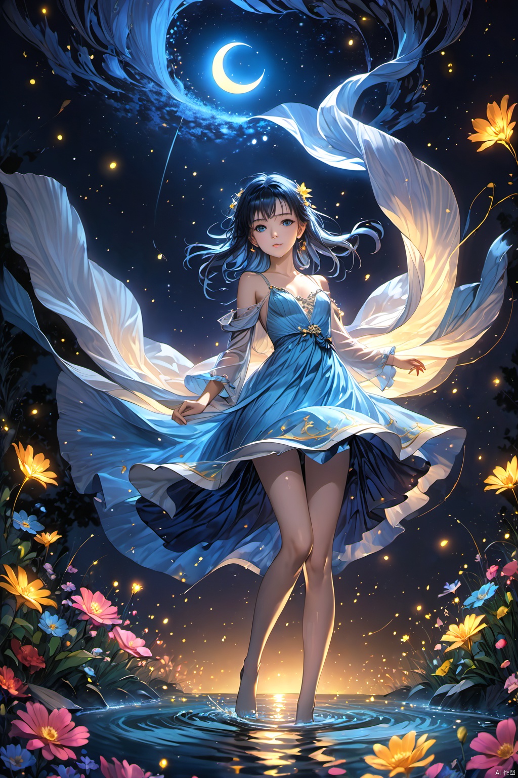  (masterpiece), (best quality), illustration, ultra detailed, hdr, Depth of field, a girl, full body, magic, solo focus, masterpiece, gradient background, summer, best quality, star, deep night, wind, flying flowers,colorful flowers, fireflies, crescent moon, 1 girl, blue long hair, Beautiful and meticulous eyes, small breast, beautiful detailed,off shoulder, beautiful dress,long sleeves ,perfect hand, strong rim light, anime screenshot, bare feet, step in water, solo focus, extremely detailed wallpaper,cinematic lighting, painting, girl, glow, Hazy light,Floodlight