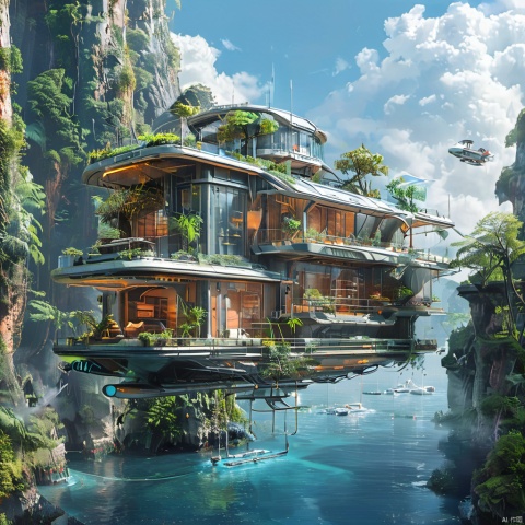  The image showcases a futuristic architectural design, where a multi-tiered building is suspended in mid-air, surrounded by lush greenery. The building appears to be made of glass and metal, with various sections and balconies. The structure is adorned with plants, trees, and other greenery, giving it a serene and natural ambiance. There are also small floating vehicles or boats near the base of the building, suggesting a mode of transportation or leisure activity. The overall design exudes a sense of harmony between nature and modern architecture., 1girl