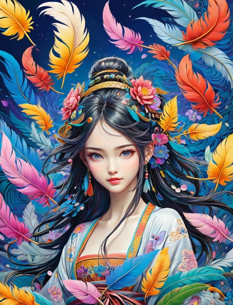 Zen painting illustration,anime art style,masterpiece,top quality,best quality,official art,beautiful and aesthetic,(1girl:1.2),extremely detailed,colorful,flowers,highest detailed,zentangle,abstract background,shiny skin,many colors,feathers,