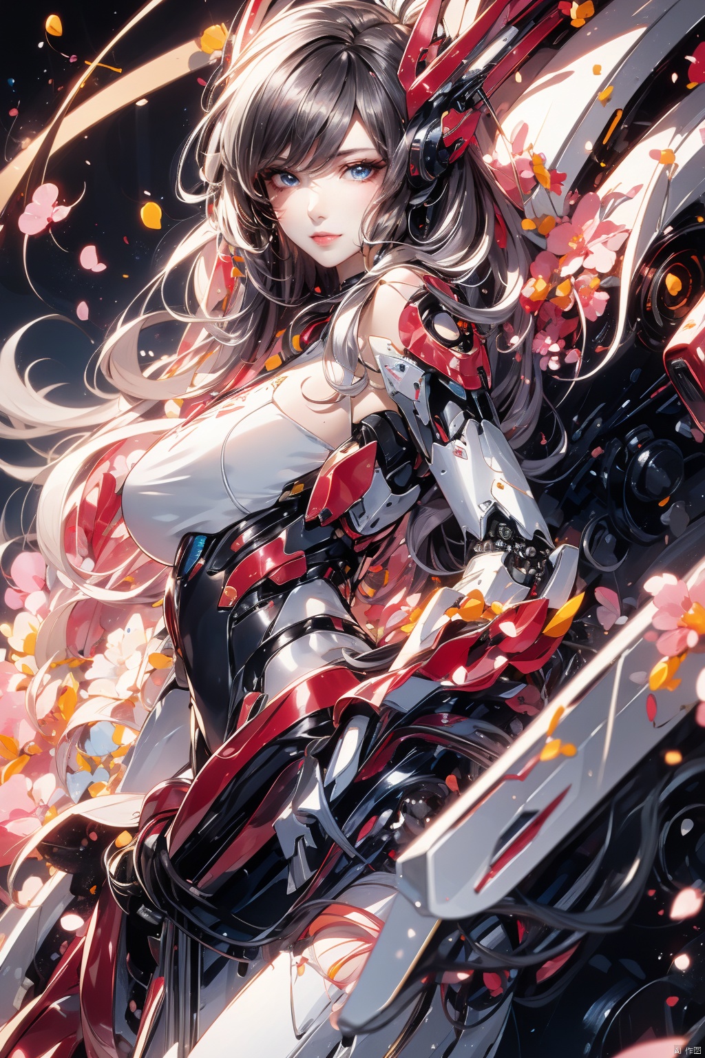  Masterpiece, best quality (illustration), cute detail face, 1 girl, solo, long_ Hair, white hair, blue eyes, dress, boots, mecha, robot joints, single robot arm, headgear, mechanical wings with vertical takeoff and landing fans, black and white dress, gray wings, mechanical wings, mechanical ears, detailed background, beautiful sunrise, orange sky, pink clouds, golden rays, hair, magic, scenery, 1girl,police,pencil_skirt,high_heels, Pink Mecha