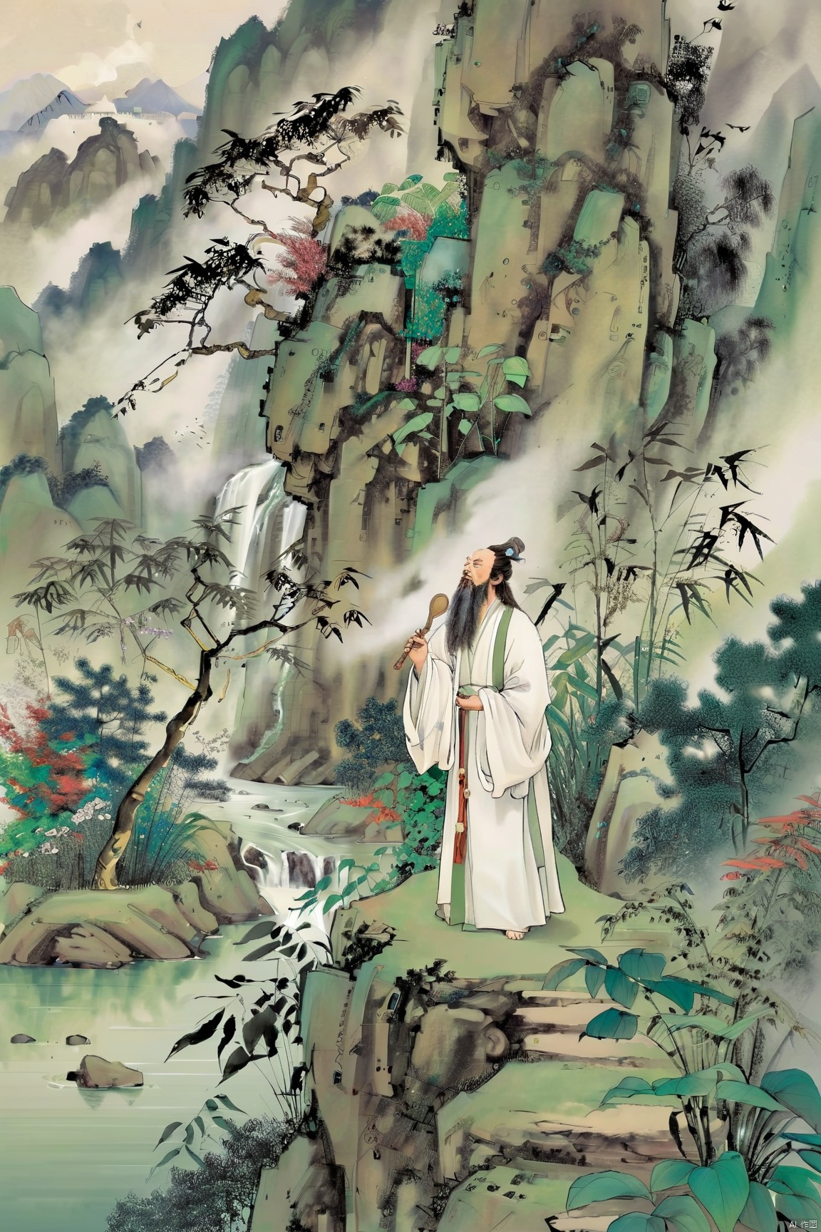  A Taoist sage, dressed in a plain white robe, stands atop a mist-veiled peak, holding a whisk in hand, gazing into the distance as if to penetrate the mysteries of the universe. Behind him, a verdant bamboo forest rustles gently in the breeze, accompanied by the distant sound of a bell, creating a serene atmosphere beyond the mundane world.