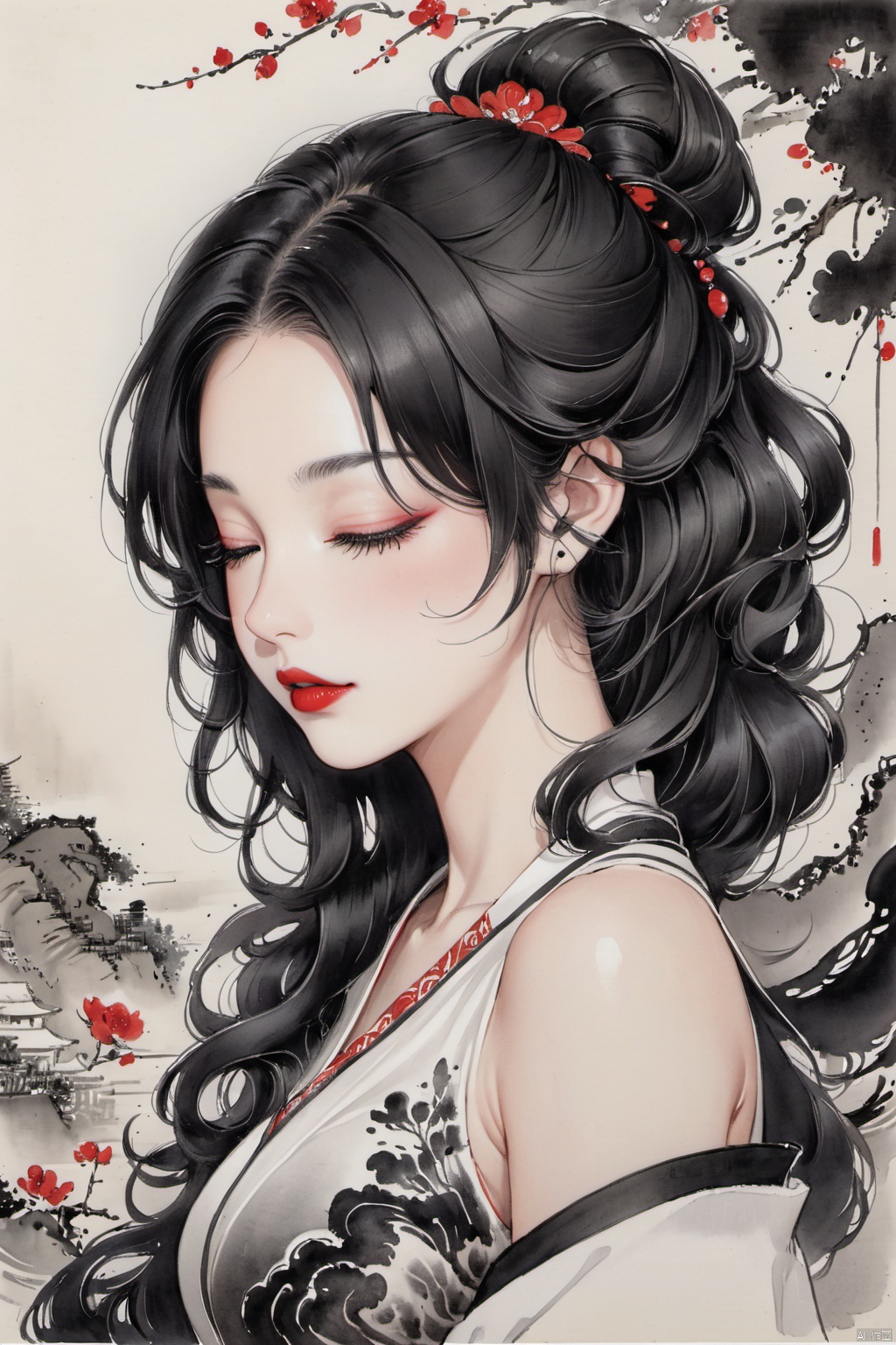 Masterpiece, best quality, realistic details, modern girl, curly hair, closed eyes, thick eyelashes, red lips, upper body, ink wash style, traditional chinese ink painting