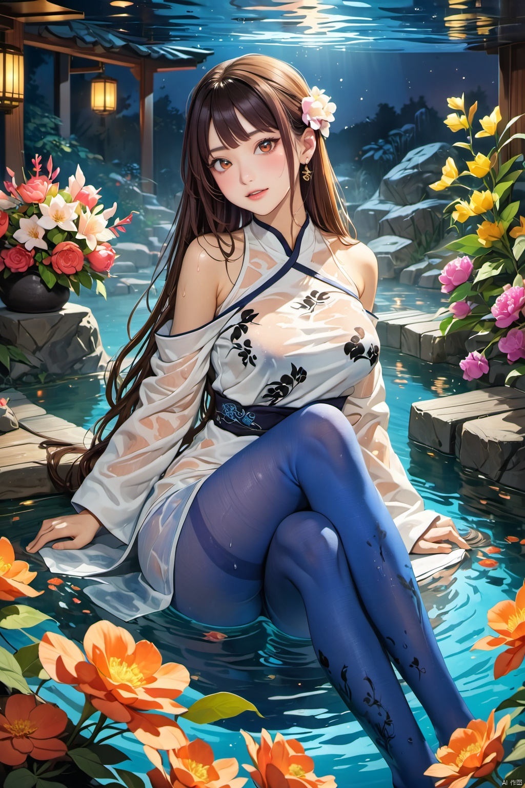 Cute illustration, ink painting, warm and beautiful, 1 girl, shy smile, Chinese Hanfu, bare shoulders, best quality, masterpiece, ultra-high resolution, HDR, ultra-high definition, 64K, official art, (photo realism), (realism), depth of field, outdoor, (night), (dim light), (hot springs, flower arrangements), floating hair, long hair, dark brown hair, (whole body), arms on both sides, enticing posture, (wedge-shaped high heels), (blue pantyhose), pencil skirt, (sitting), (big chest), (solo focus), looking_cat_viewer, (fitted and petite body, full), (curved), (underwater), (wet hair, wet shirt),